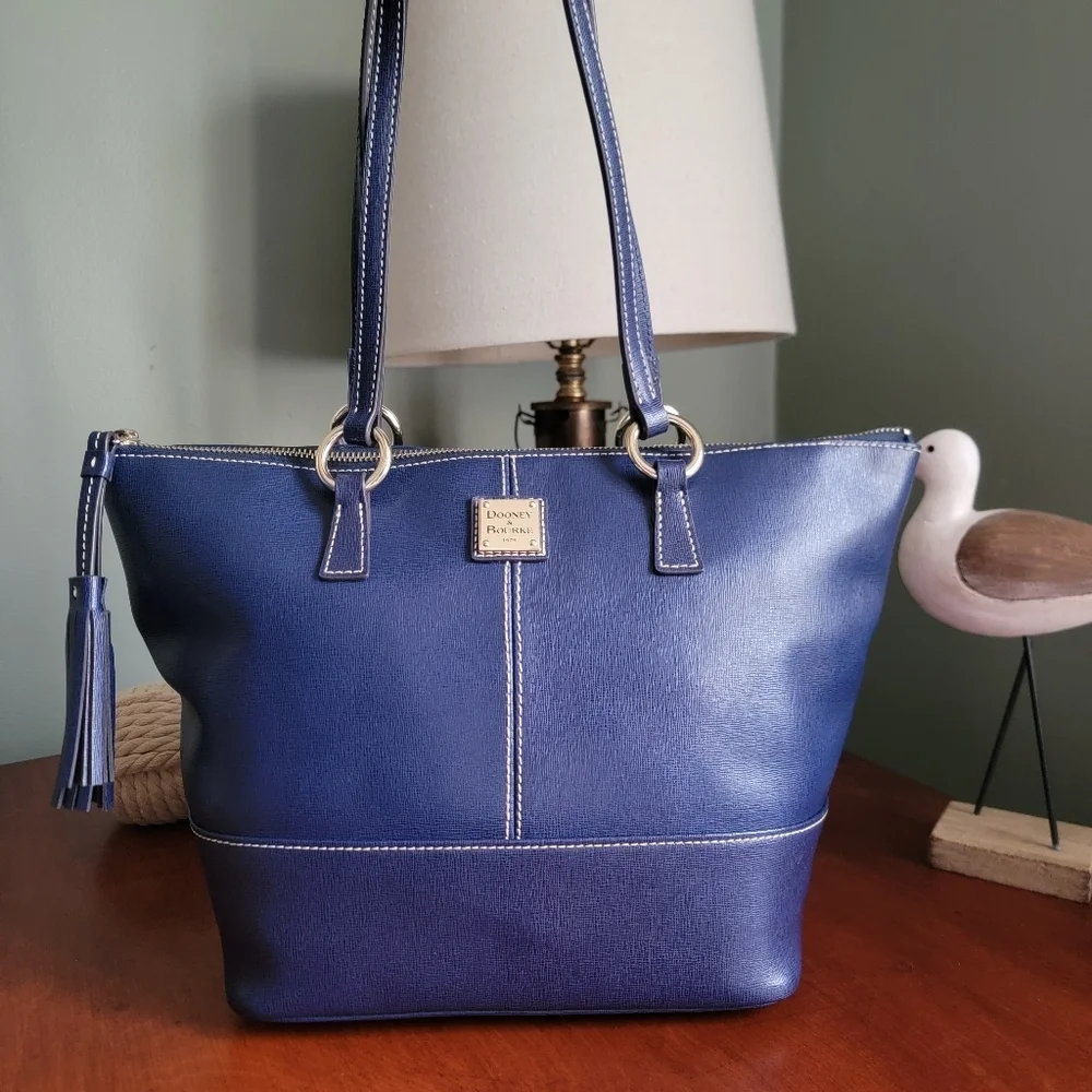 Dooney & Bourke Blue Saffiano Leather Top Zip Shopper Tote Bag